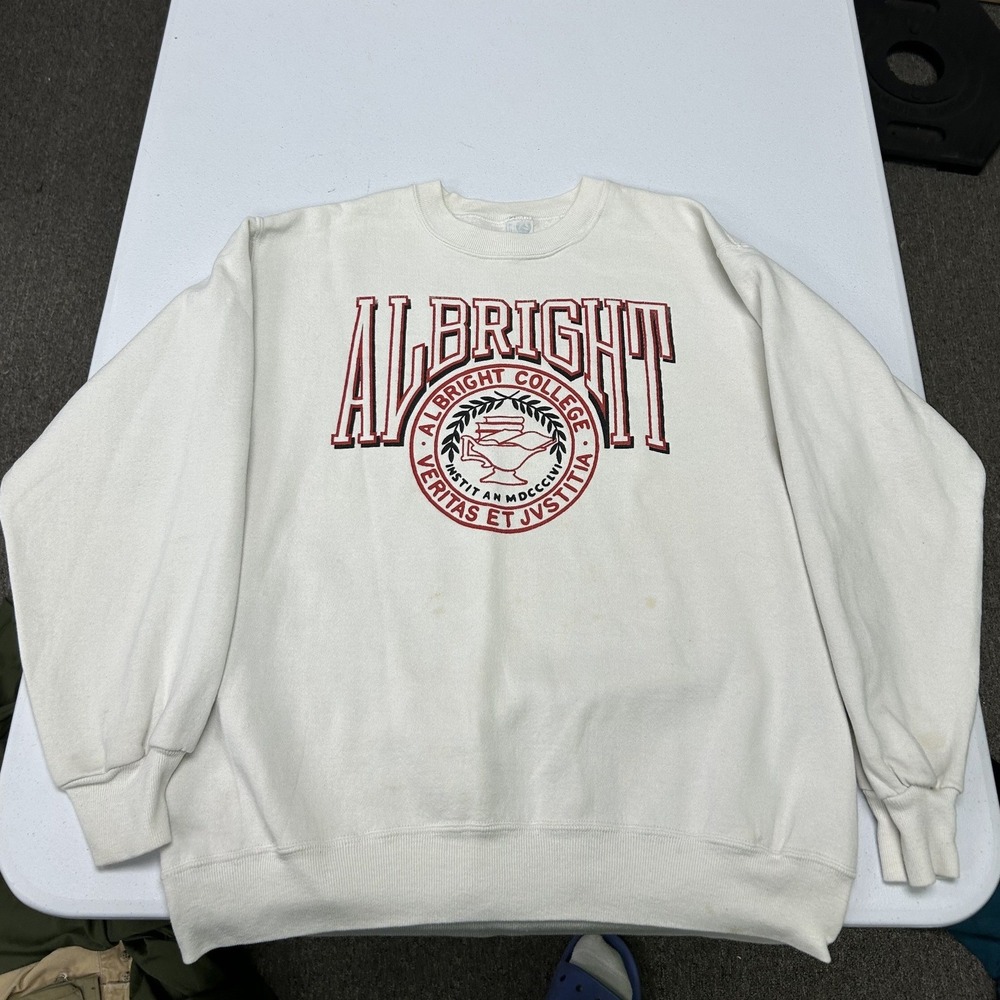 80s Albright College Sweatshirt Mens XL Cream Red Graphic Made in USA I2